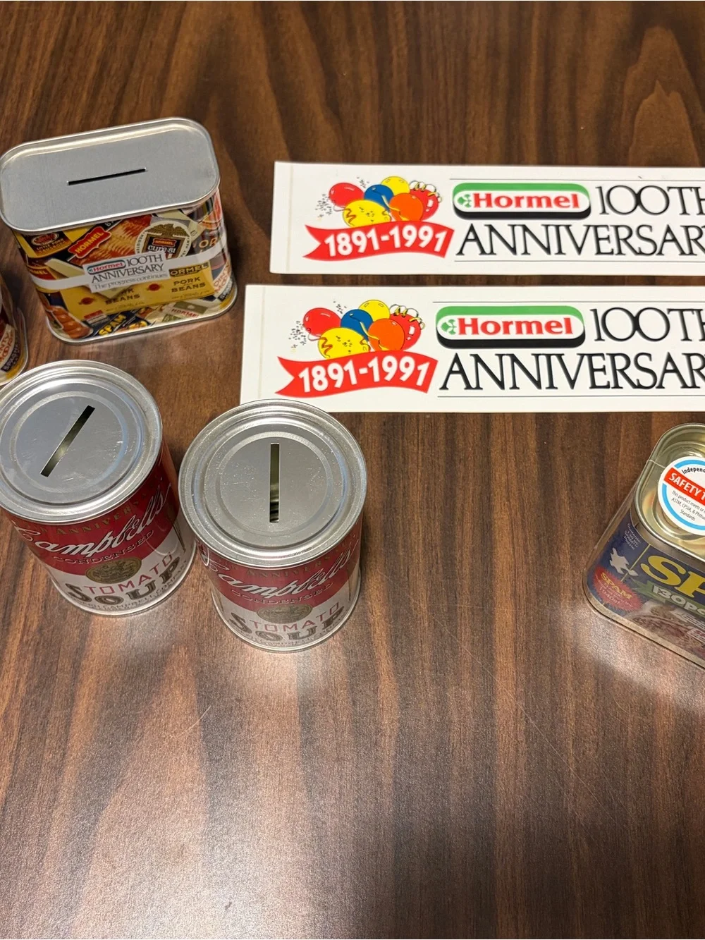 Campbells Tomato Soup and SPAM Can Coin Bank puzzle and stickers Hormel